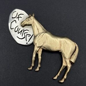 Vintage Linda‎ Hesh "Of Course" Silver Brass Horse Brooch Fun Equestrian
